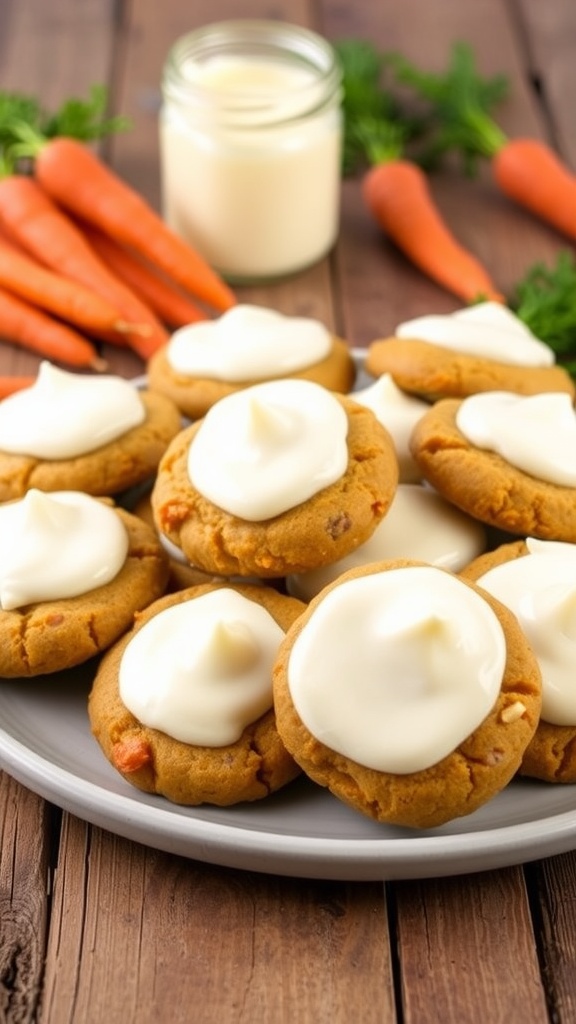 Chewy carrot cake cookies on a plate with cream cheese frosting, surrounded by fresh carrots.